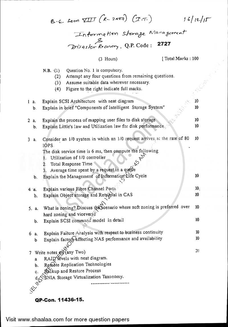 Information Storage Management and Disaster Recovery 2015-2016 - B.E. - Semester 8 (BE Fourth Year) - University of Mumbai question paper with PDF download