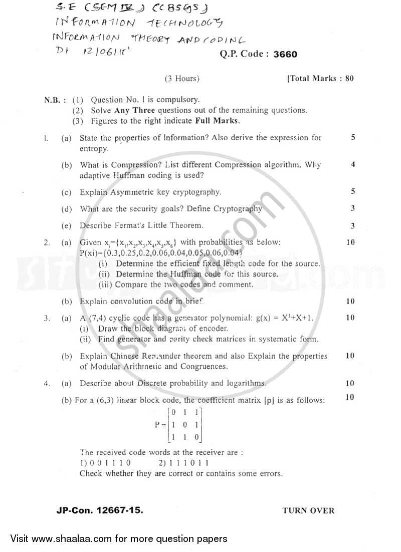 Information Theory and Coding 2014-2015 - B.E. - Semester 4 (SE Second Year) - University of Mumbai question paper with PDF download