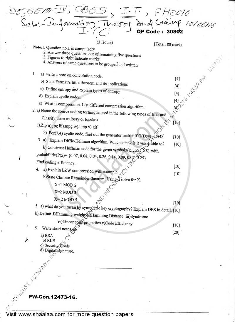 Information Theory and Coding 2015-2016 - B.E. - Semester 4 (SE Second Year) - University of Mumbai question paper with PDF download