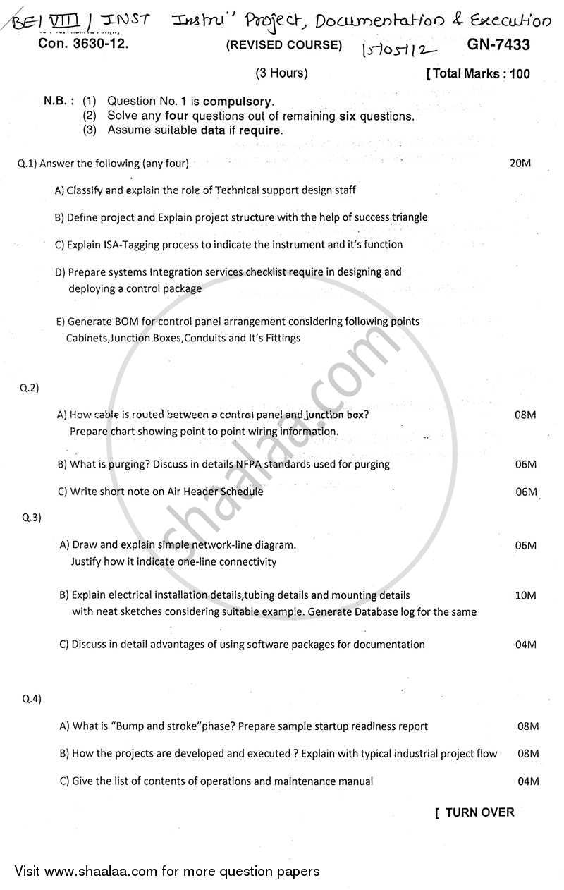 Instrumentation Project, Documentation and Execution 2011-2012 - B.E. - Semester 8 (BE Fourth Year) - University of Mumbai question paper with PDF download