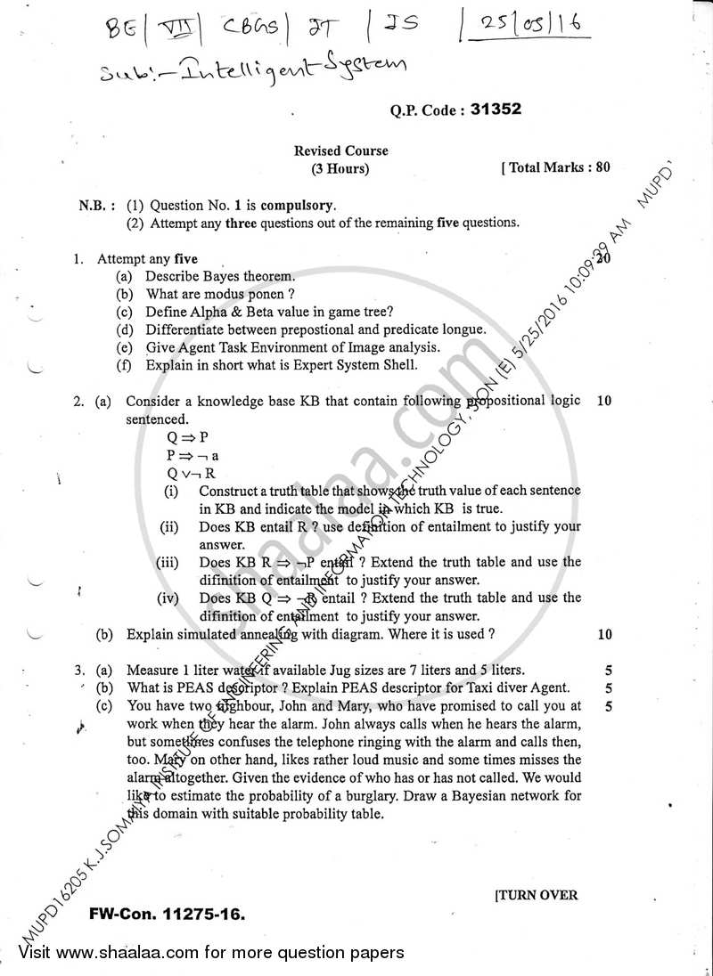 Intelligent System 2015-2016 - B.E. - Semester 7 (BE Fourth Year) - University of Mumbai question paper with PDF download