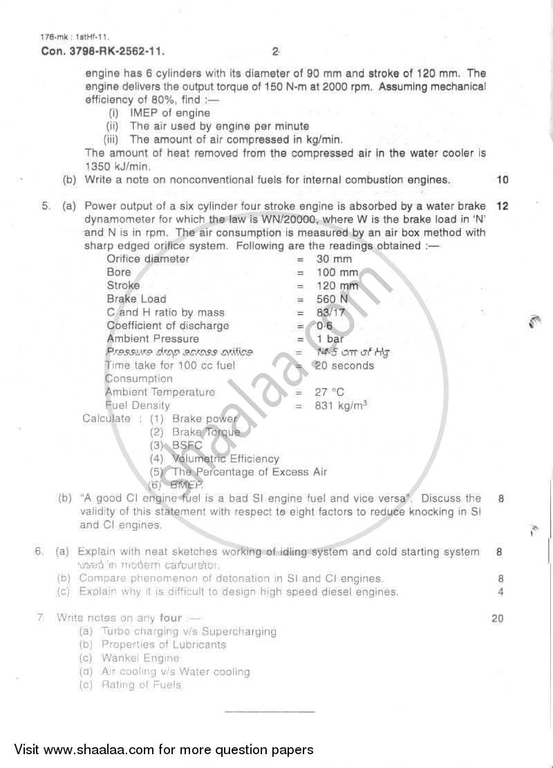 Internal Combustion Engines 2010-2011 BE Mechanical Engineering Semester 6  (TE Third Year) Old question paper with PDF download