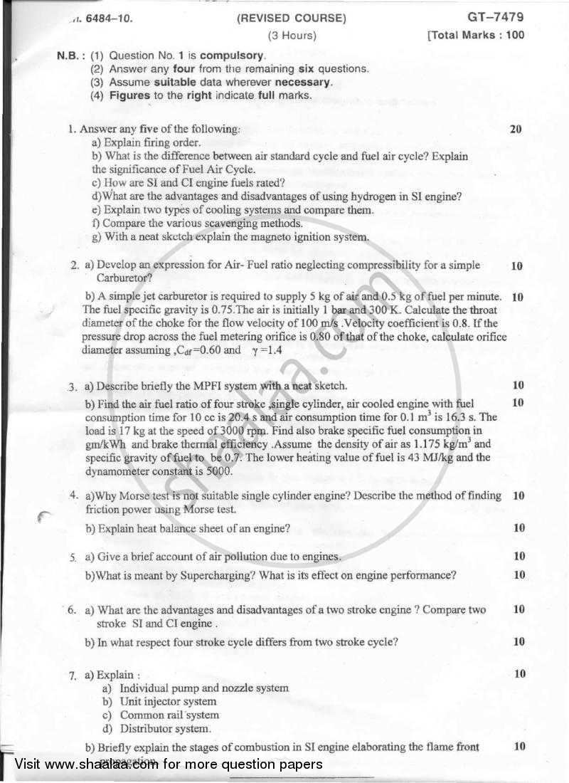 Internal Combustion Engines 2010-2011 BE Mechanical Engineering Semester 6  (TE Third Year) Old question paper with PDF download