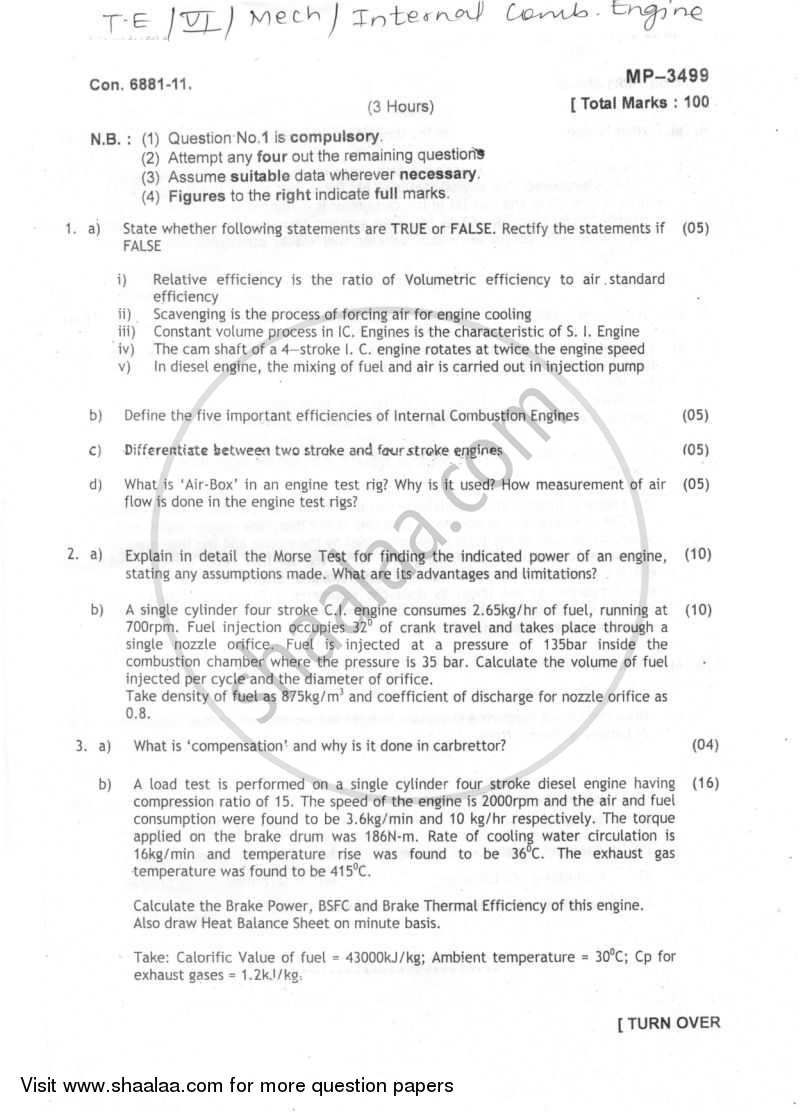 Internal Combustion Engines 2010-2011 BE Mechanical Engineering Semester 6  (TE Third Year) Old question paper with PDF download