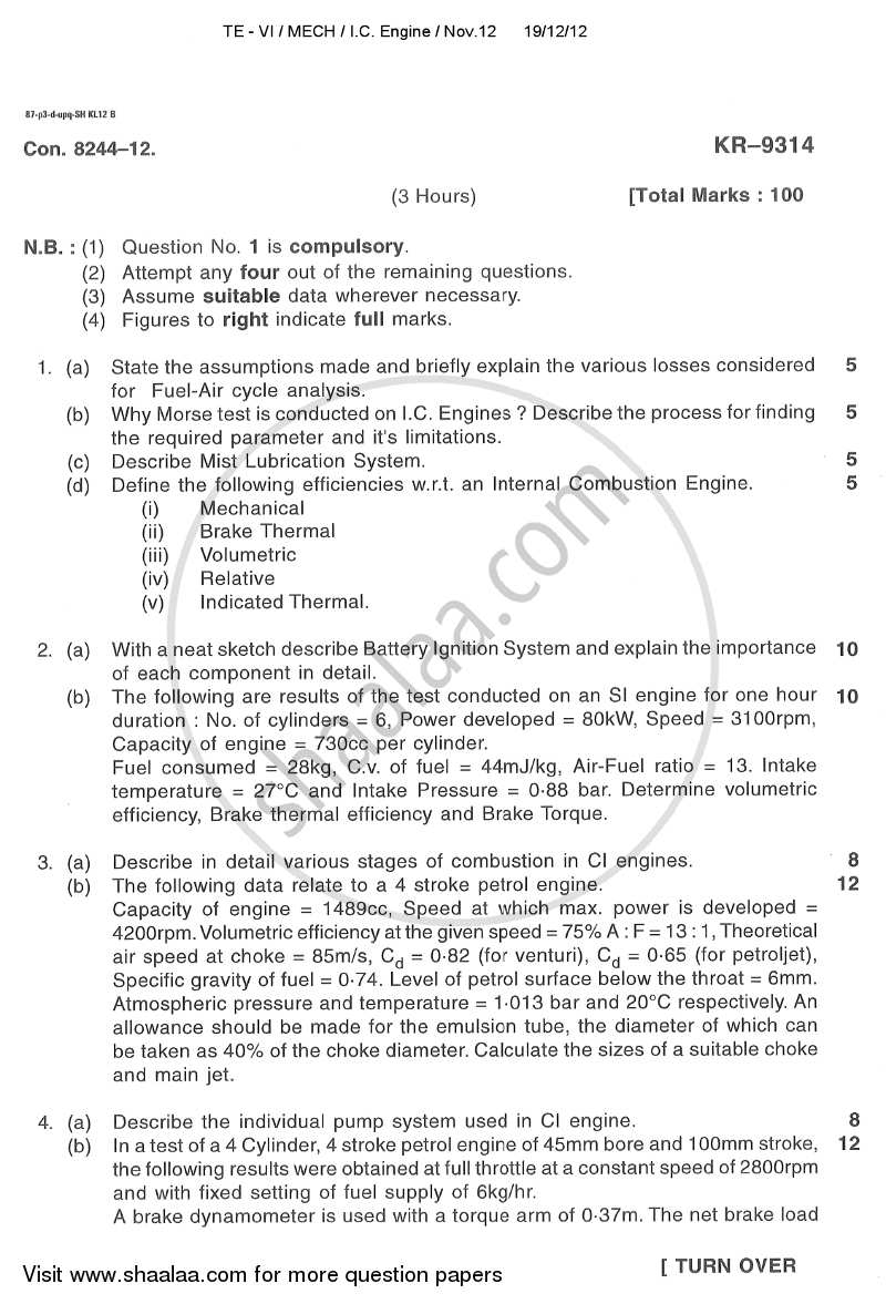 Internal Combustion Engines 2010-2011 BE Mechanical Engineering Semester 6  (TE Third Year) Old question paper with PDF download