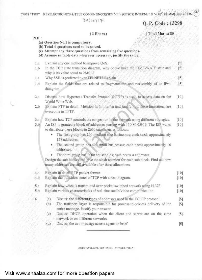 Internet and Voice Communication 2016-2017 - B.E. - Semester 8 (BE Fourth Year) - University of Mumbai question paper with PDF download