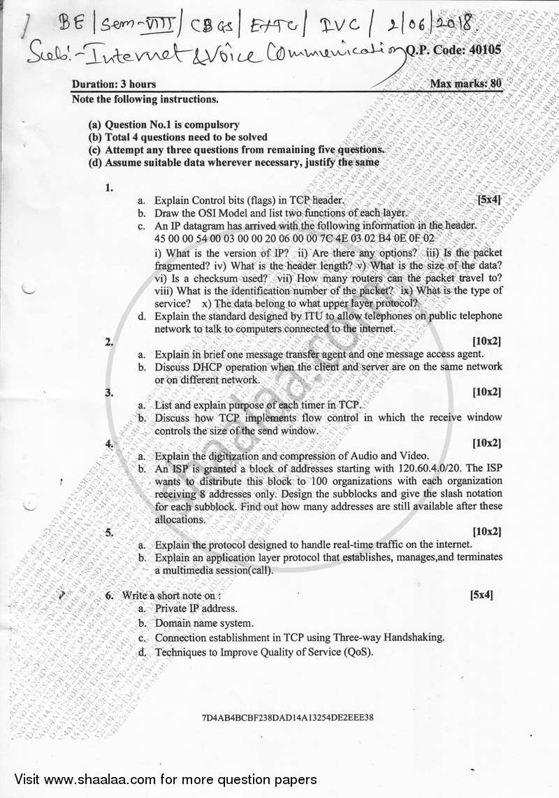 Internet and Voice Communication 2017-2018 - B.E. - Semester 8 (BE Fourth Year) - University of Mumbai question paper with PDF download