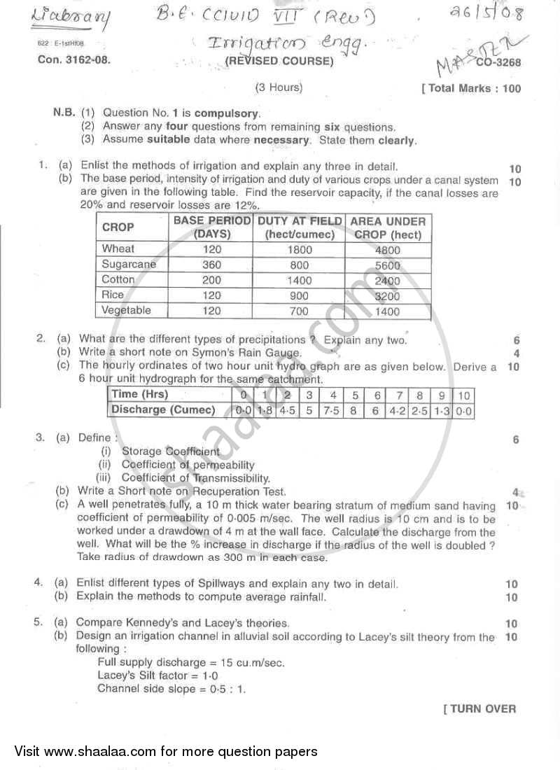 Irrigation Engineering 2007-2008 - B.E. - Semester 7 (BE Fourth Year) - University of Mumbai question paper with PDF download