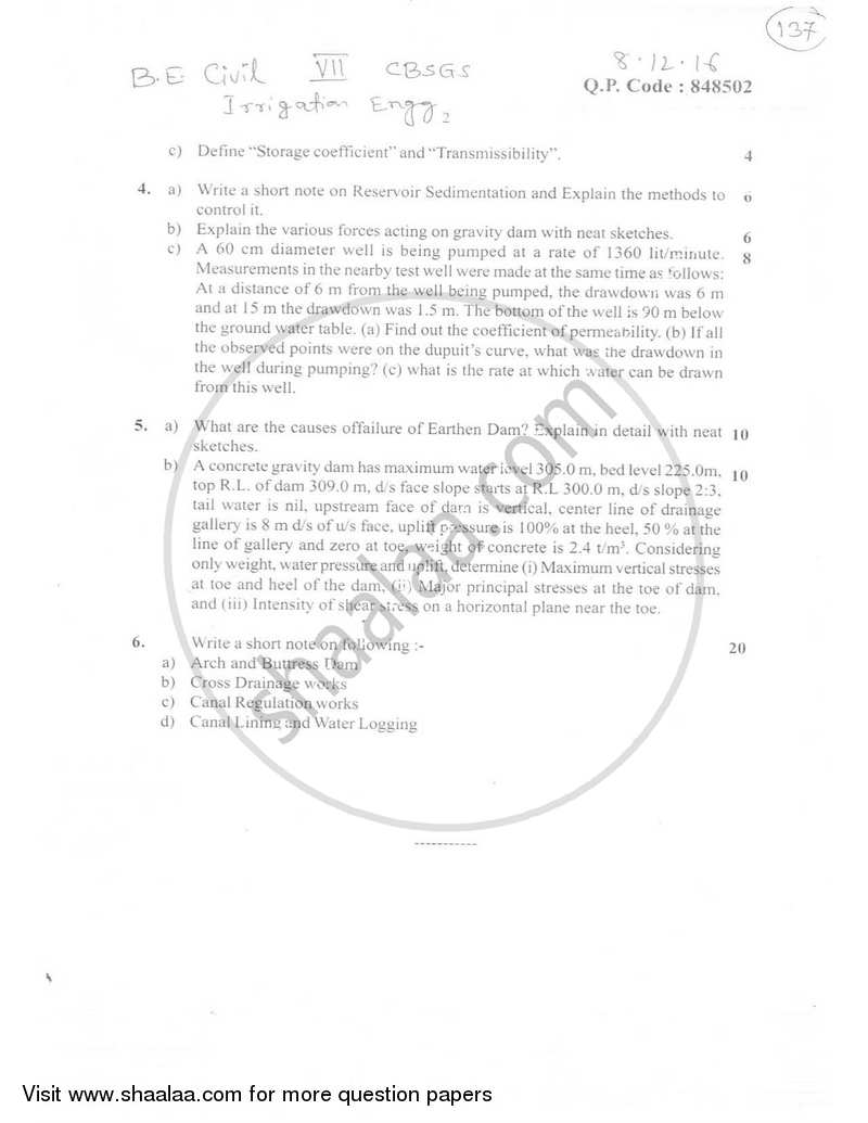 Irrigation Engineering 2016-2017 - B.E. - Semester 7 (BE Fourth Year) - University of Mumbai question paper with PDF download