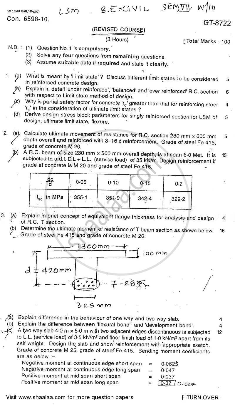 Limit State Method for Reinforced Concrete Structures 2010-2011 - B.E. - Semester 7 (BE Fourth Year) - University of Mumbai question paper with PDF download