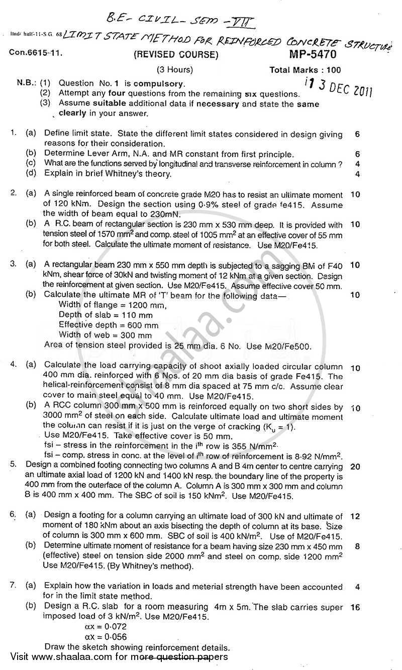 Limit State Method for Reinforced Concrete Structures 2011-2012 - B.E. - Semester 7 (BE Fourth Year) - University of Mumbai question paper with PDF download