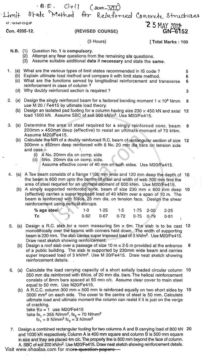 Limit State Method for Reinforced Concrete Structures 2011-2012 - B.E. - Semester 7 (BE Fourth Year) - University of Mumbai question paper with PDF download