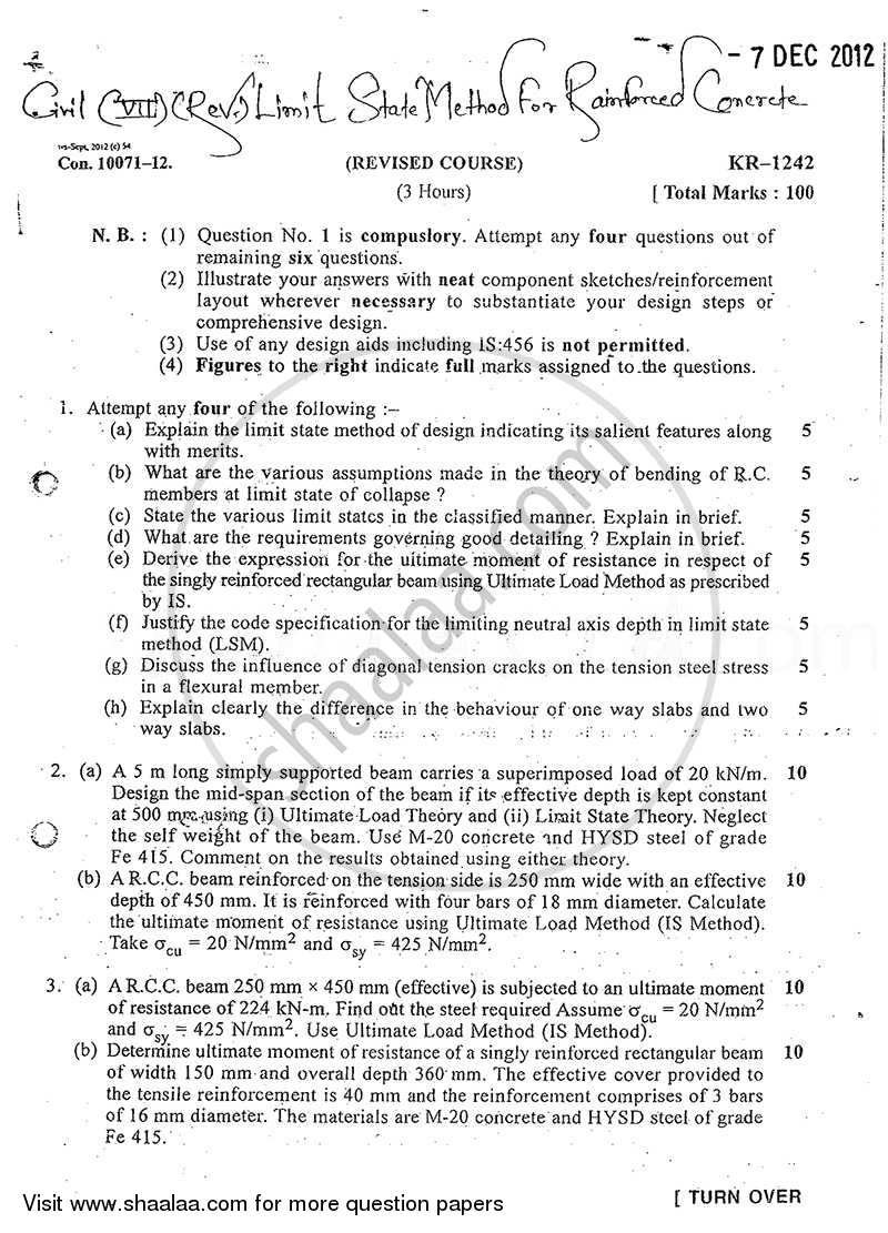 Limit State Method for Reinforced Concrete Structures 2012-2013 - B.E. - Semester 7 (BE Fourth Year) - University of Mumbai question paper with PDF download