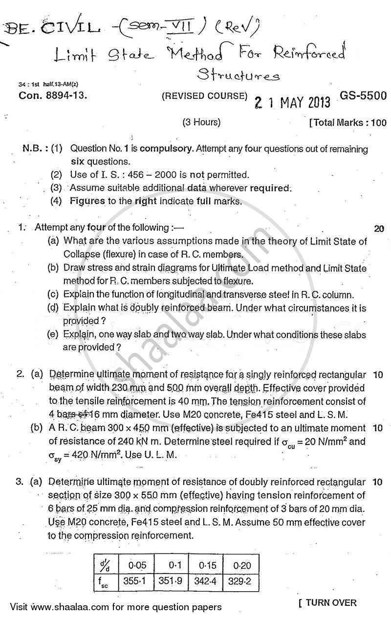 Limit State Method for Reinforced Concrete Structures 2012-2013 - B.E. - Semester 7 (BE Fourth Year) - University of Mumbai question paper with PDF download