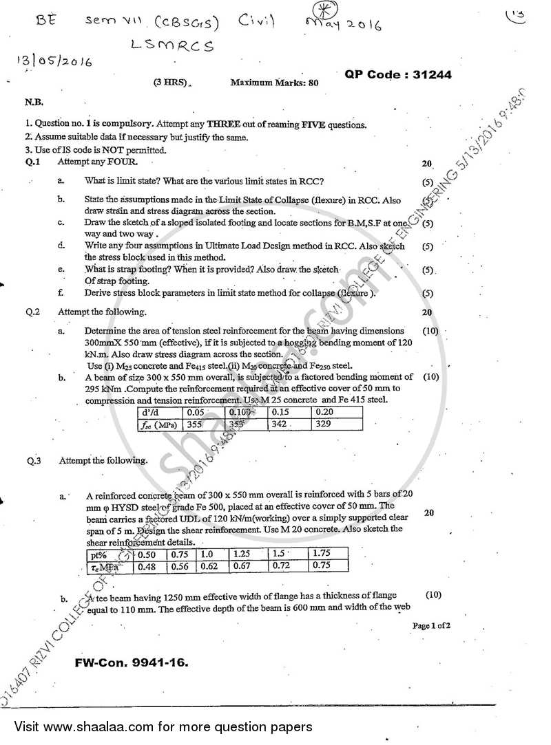 Limit State Method for Reinforced Concrete Structures 2015-2016 - B.E. - Semester 7 (BE Fourth Year) - University of Mumbai question paper with PDF download