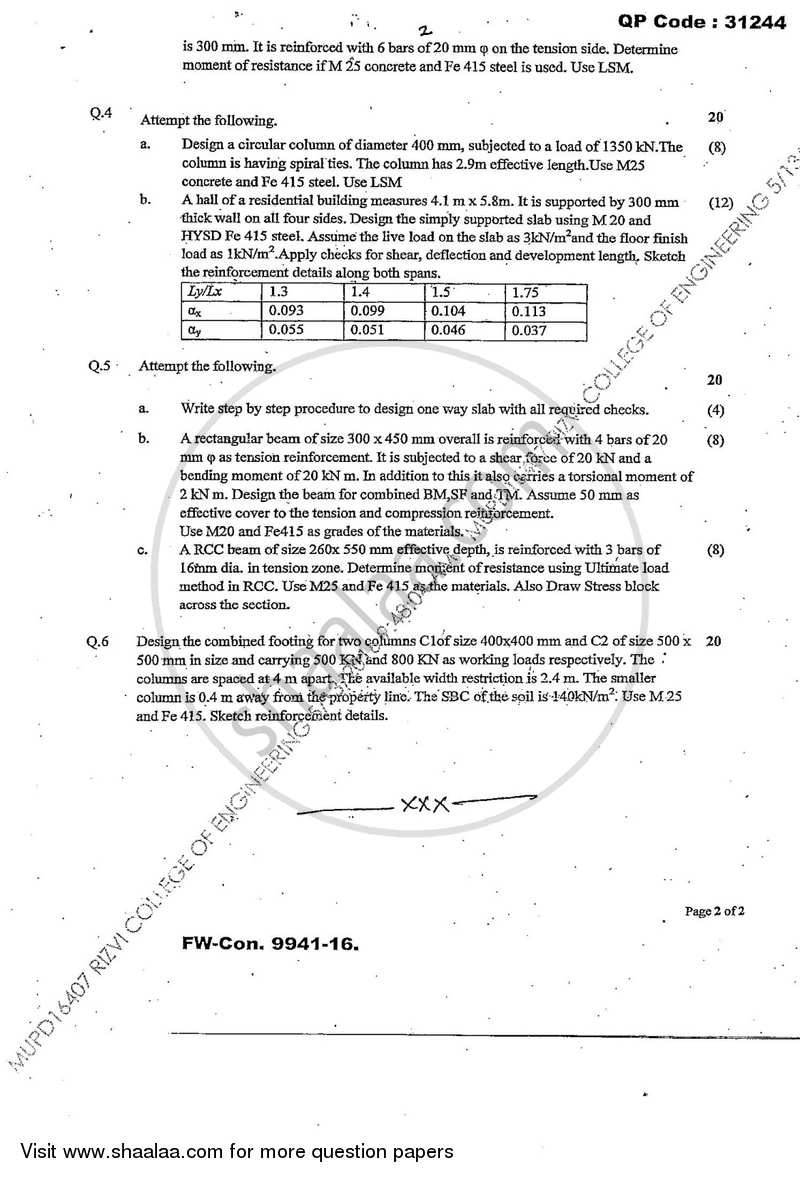 Limit State Method for Reinforced Concrete Structures 2015-2016 - B.E. - Semester 7 (BE Fourth Year) - University of Mumbai question paper with PDF download