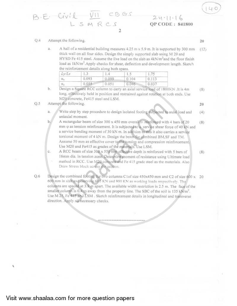 Limit State Method for Reinforced Concrete Structures 2016-2017 - B.E. - Semester 7 (BE Fourth Year) - University of Mumbai question paper with PDF download