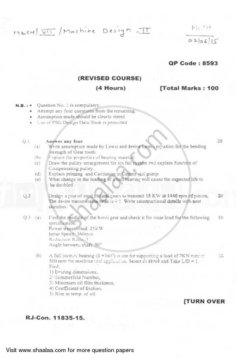 Machine Design 2 2014-2015 - B.E. - Semester 7 (BE Fourth Year) - University of Mumbai question paper with PDF download