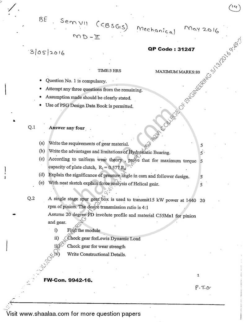 Machine Design 2 2015-2016 - B.E. - Semester 7 (BE Fourth Year) - University of Mumbai question paper with PDF download