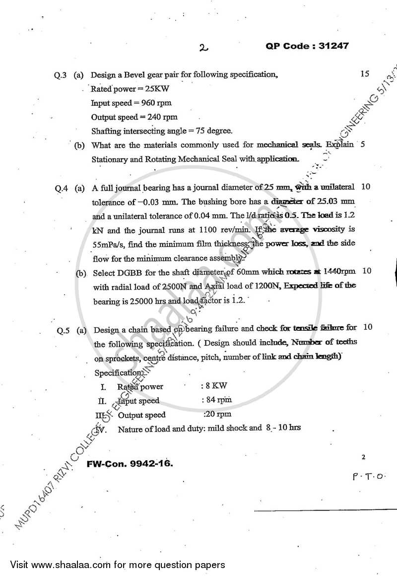 Machine Design 2 2015-2016 - B.E. - Semester 7 (BE Fourth Year) - University of Mumbai question paper with PDF download