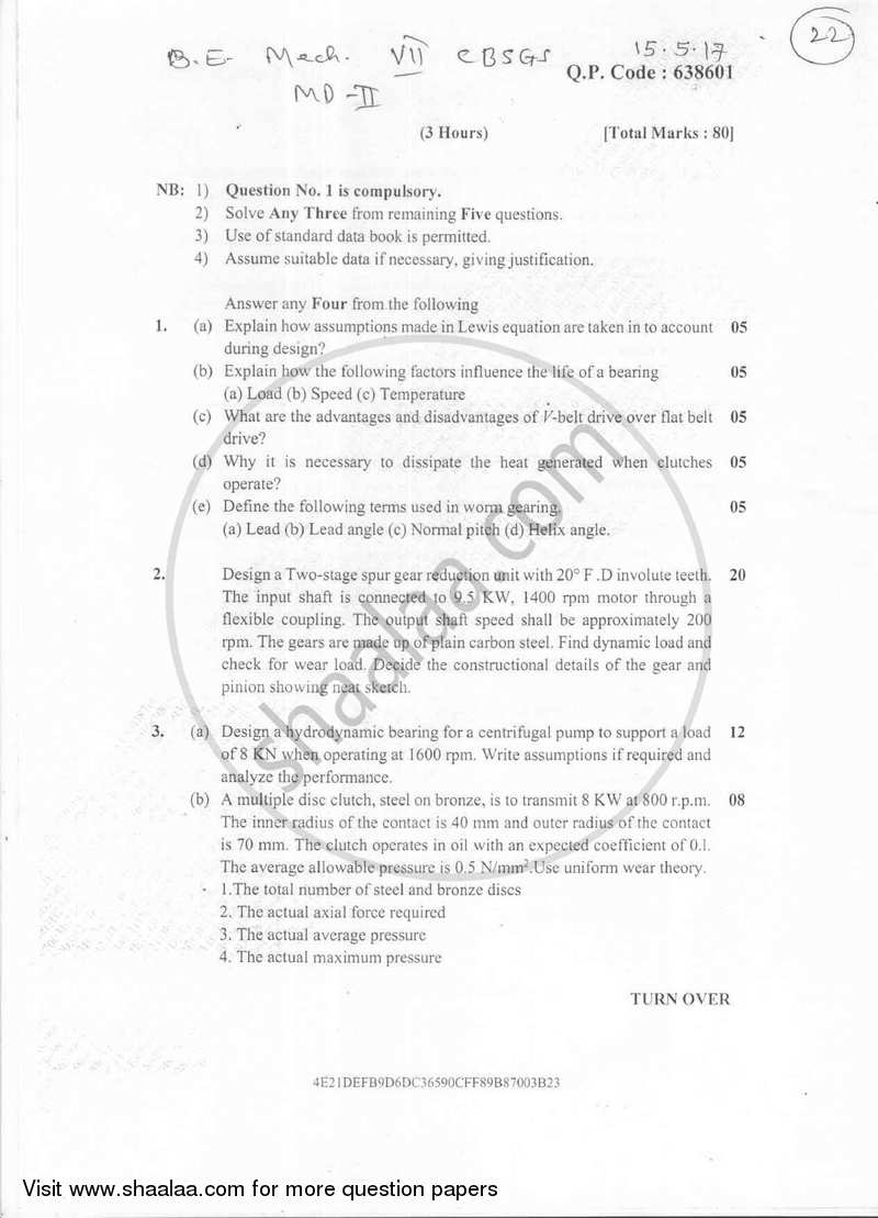 Machine Design 2 2016-2017 - B.E. - Semester 7 (BE Fourth Year) - University of Mumbai question paper with PDF download