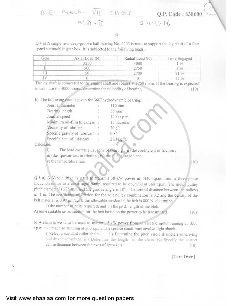 Machine Design 2 2016-2017 - B.E. - Semester 7 (BE Fourth Year) - University of Mumbai question paper with PDF download
