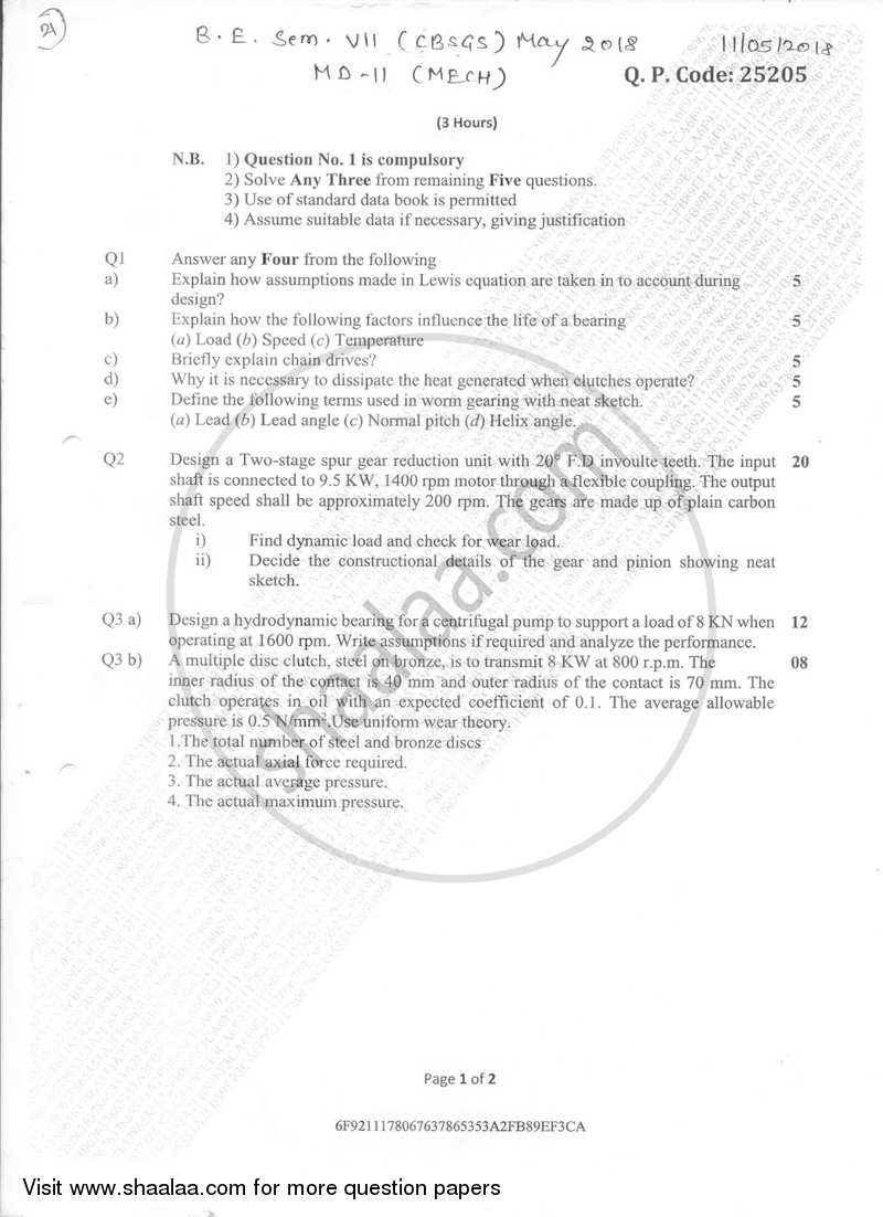 Machine Design 2 2017-2018 - B.E. - Semester 7 (BE Fourth Year) - University of Mumbai question paper with PDF download