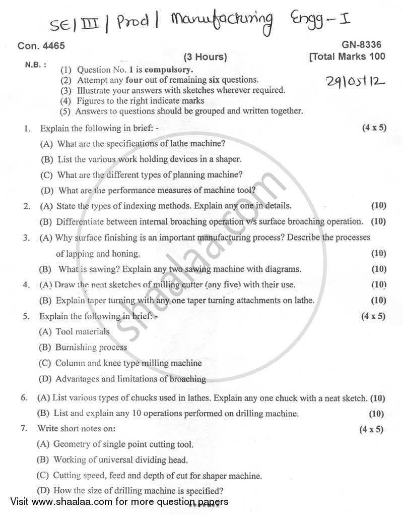 Manufacturing Engineering-1 2011-2012 - B.E. - Semester 3 (SE Second Year) - University of Mumbai question paper with PDF download