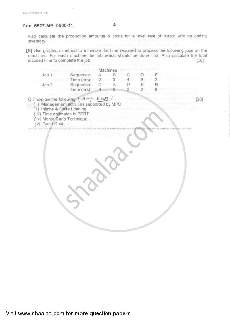 Manufacturing Planning and Control 2011-2012 - B.E. - Semester 7 (BE Fourth Year) - University of Mumbai question paper with PDF download