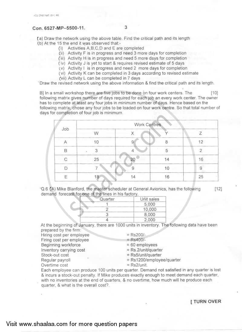 Manufacturing Planning and Control 2011-2012 - B.E. - Semester 7 (BE Fourth Year) - University of Mumbai question paper with PDF download