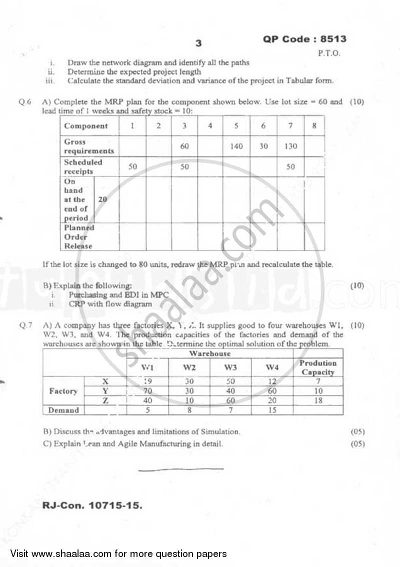 Manufacturing Planning and Control 2014-2015 - B.E. - Semester 7 (BE Fourth Year) - University of Mumbai question paper with PDF download