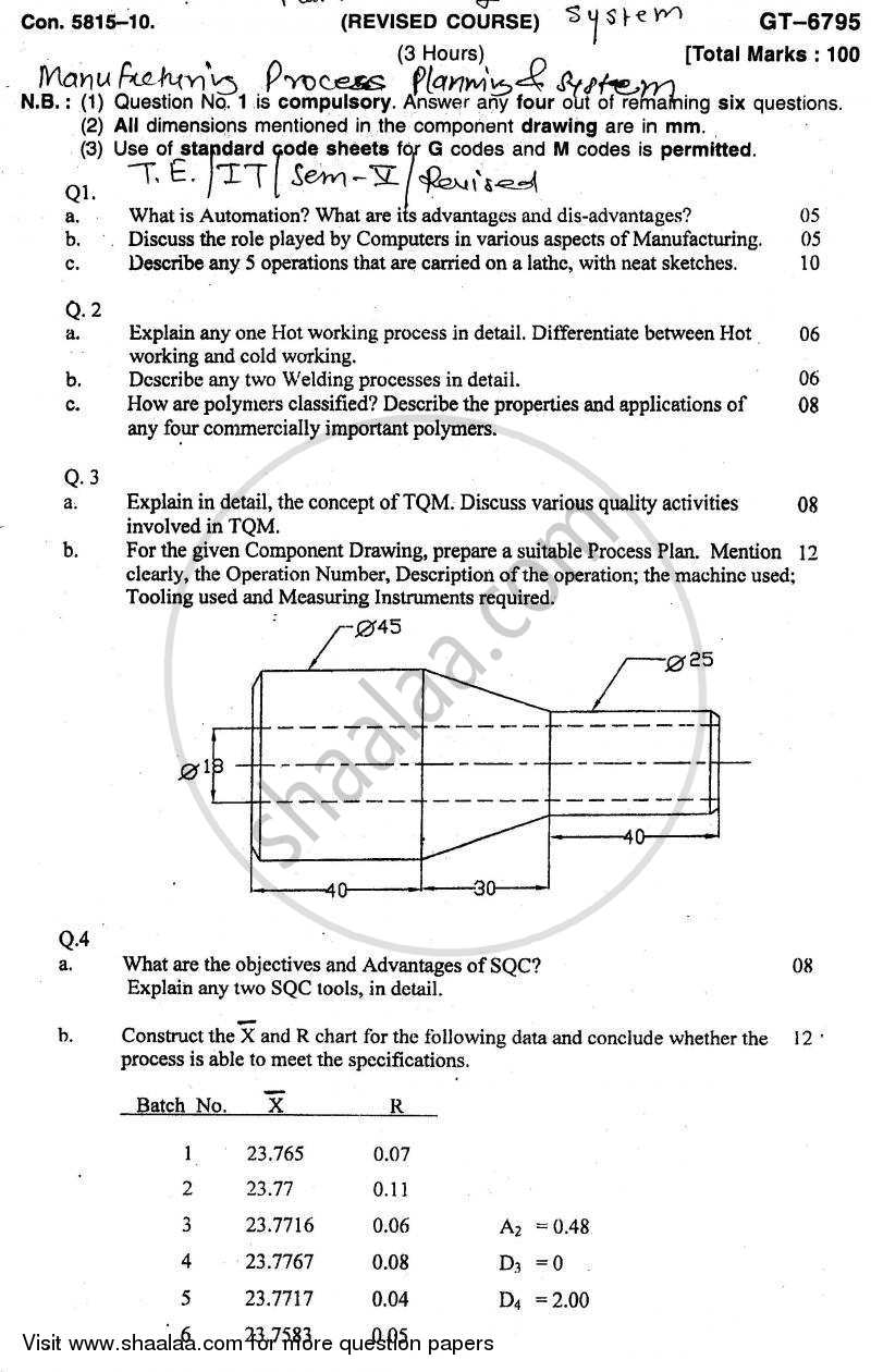Manufacturing Processes, Planning and Systems 2010-2011 - B.E. - Semester 5 (TE Third Year) - University of Mumbai question paper with PDF download