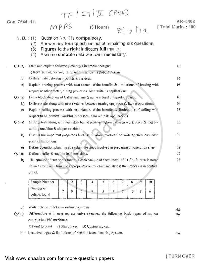 Manufacturing Processes, Planning and Systems 2012-2013 - B.E. - Semester 5 (TE Third Year) - University of Mumbai question paper with PDF download