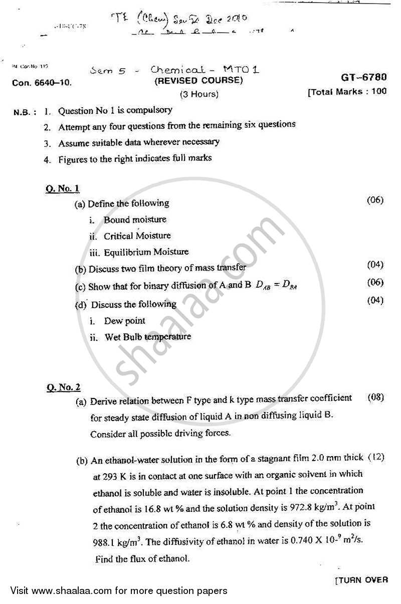 Mass Transfer Operations 1 2010-2011 - B.E. - Semester 5 (TE Third Year) - University of Mumbai question paper with PDF download