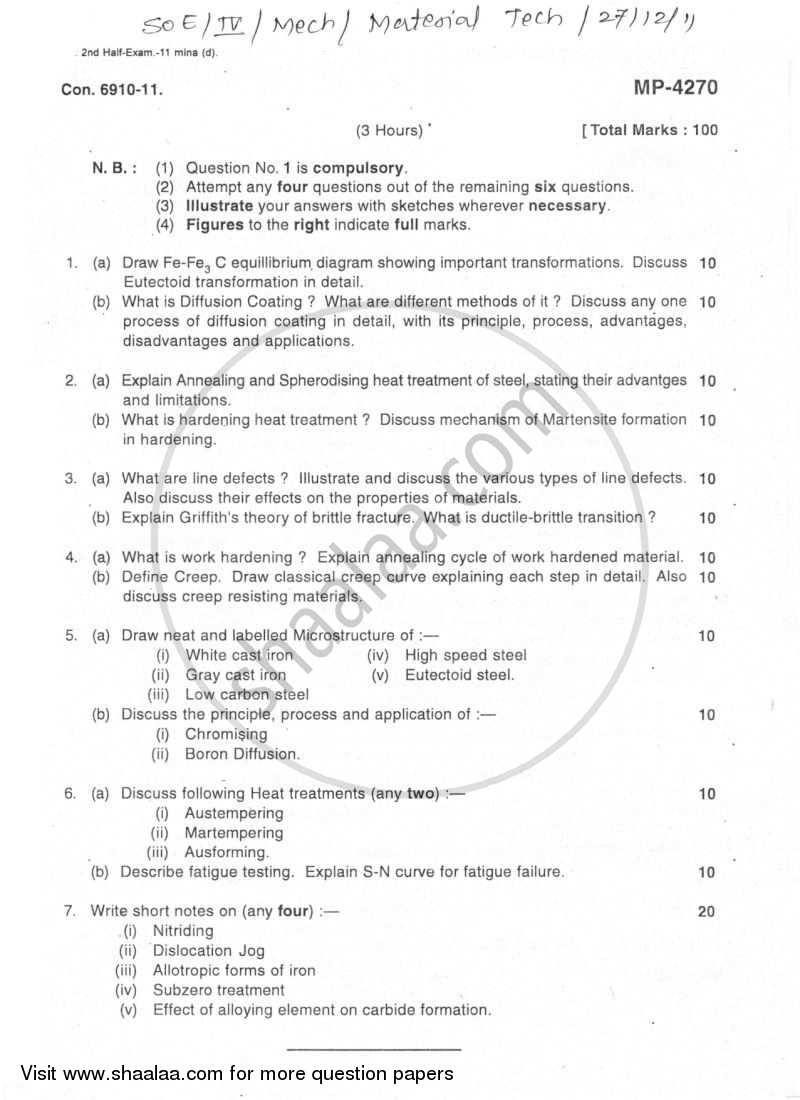 Material Technology 2011-2012 - B.E. - Semester 4 (SE Second Year) - University of Mumbai question paper with PDF download
