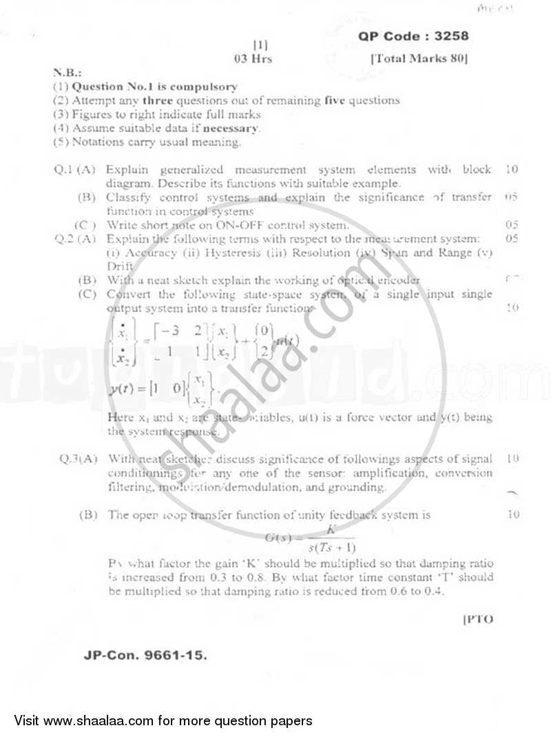 Mechanical Measurement and Control 2014-2015 - B.E. - Semester 5 (TE Third Year) - University of Mumbai question paper with PDF download