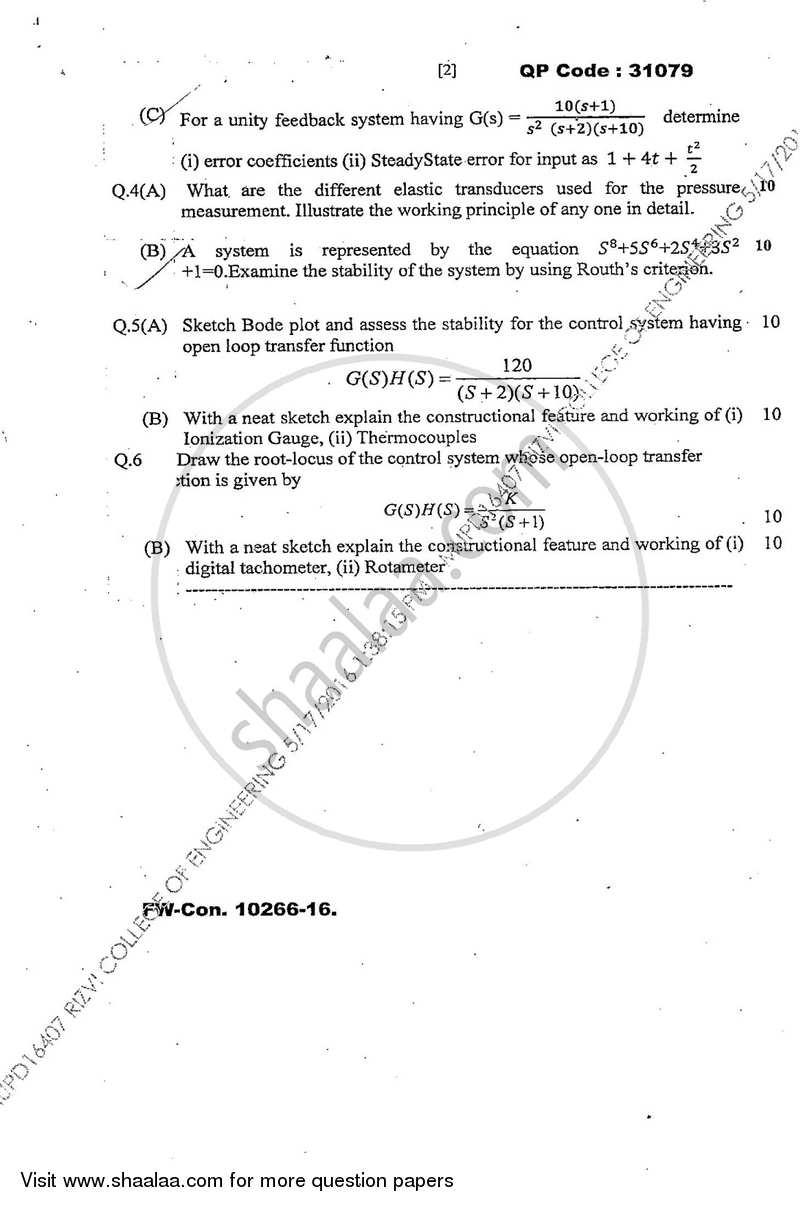 Mechanical Measurement and Control 2015-2016 - B.E. - Semester 5 (TE Third Year) - University of Mumbai question paper with PDF download
