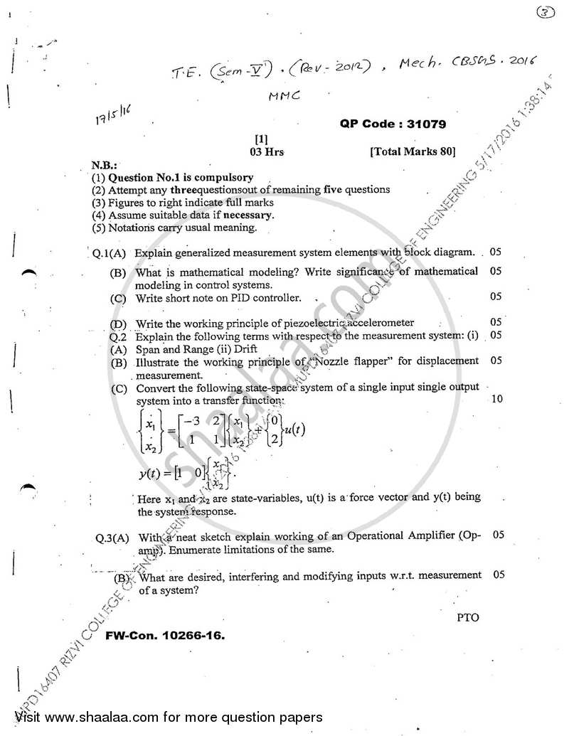 Mechanical Measurement and Control 2015-2016 - B.E. - Semester 5 (TE Third Year) - University of Mumbai question paper with PDF download