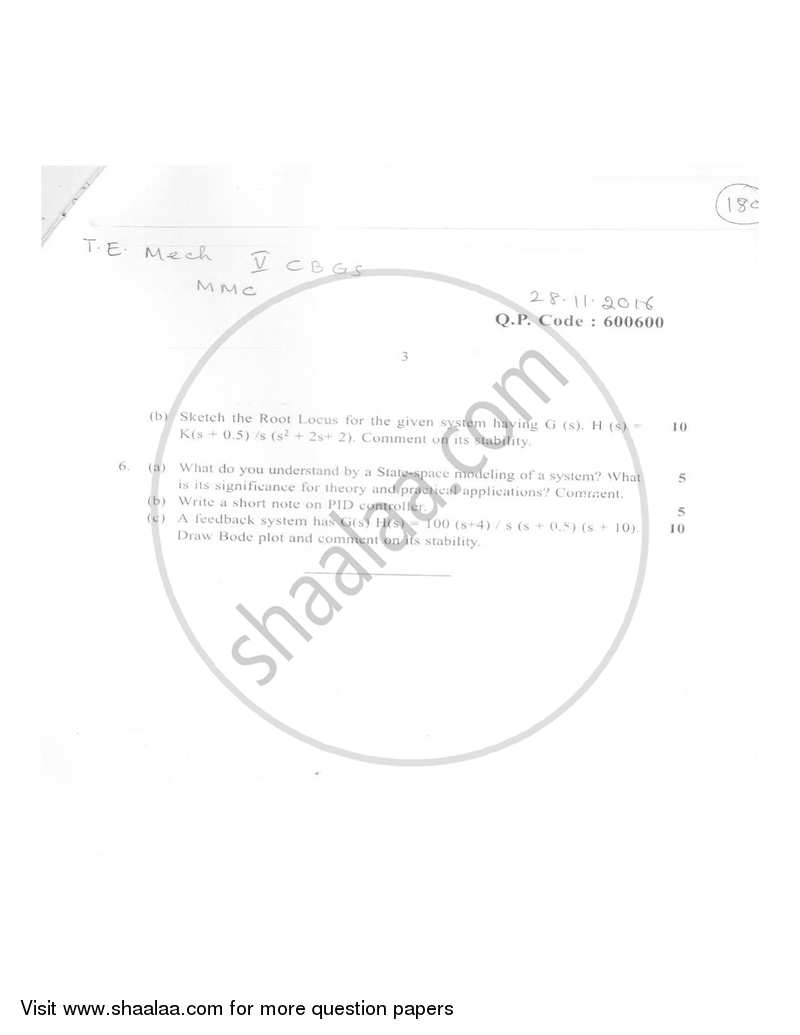 Mechanical Measurement and Control 2016-2017 - B.E. - Semester 5 (TE Third Year) - University of Mumbai question paper with PDF download