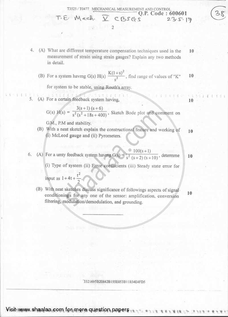 Mechanical Measurement and Control 2016-2017 - B.E. - Semester 5 (TE Third Year) - University of Mumbai question paper with PDF download