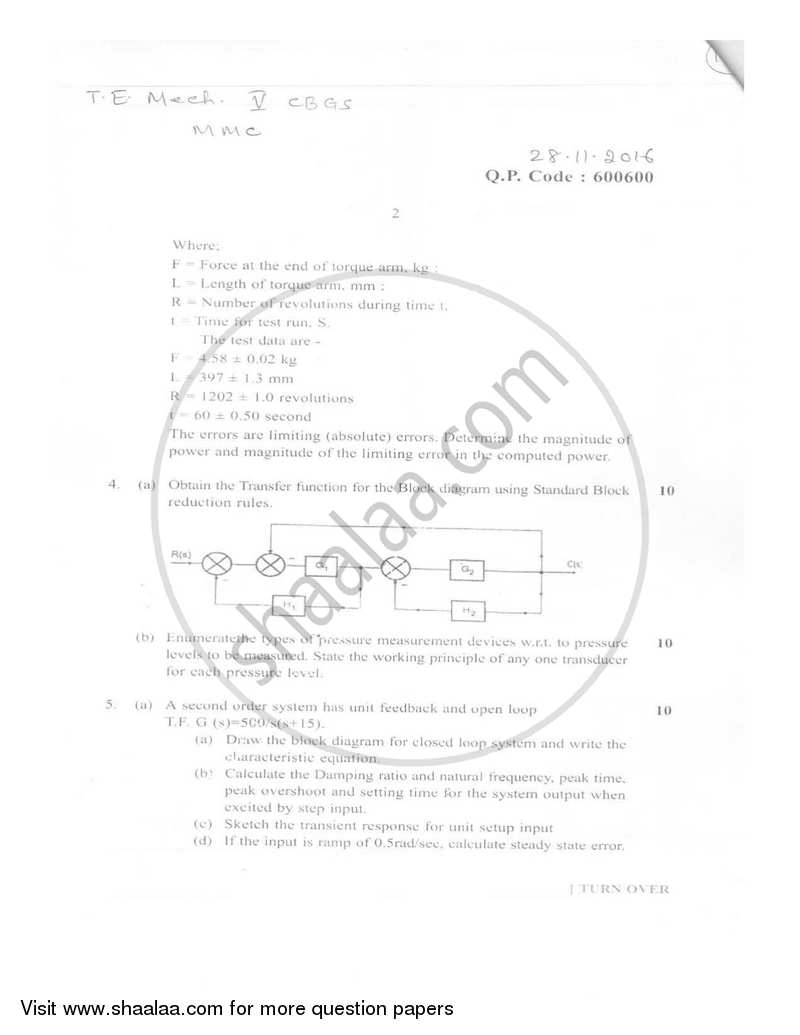 Mechanical Measurement and Control 2016-2017 - B.E. - Semester 5 (TE Third Year) - University of Mumbai question paper with PDF download