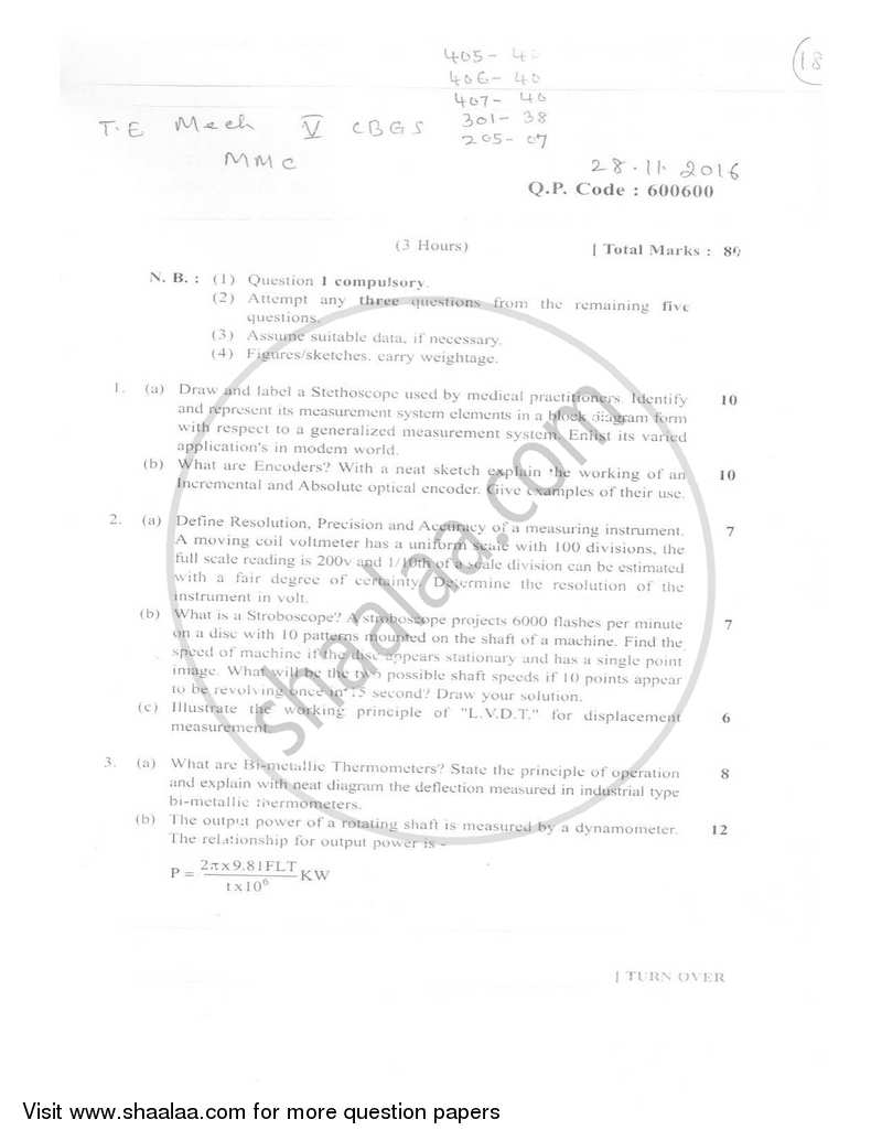 Mechanical Measurement and Control 2016-2017 - B.E. - Semester 5 (TE Third Year) - University of Mumbai question paper with PDF download