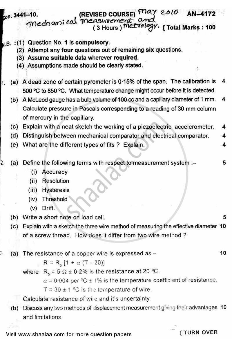 Mechanical Measurement and Metrology 2009-2010 - B.E. - Semester 5 (TE Third Year) - University of Mumbai question paper with PDF download