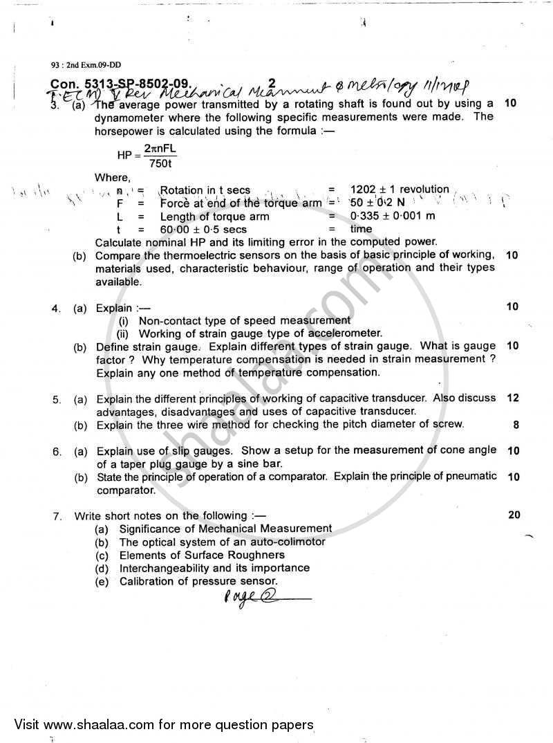 Mechanical Measurement and Metrology 2009-2010 - B.E. - Semester 5 (TE Third Year) - University of Mumbai question paper with PDF download