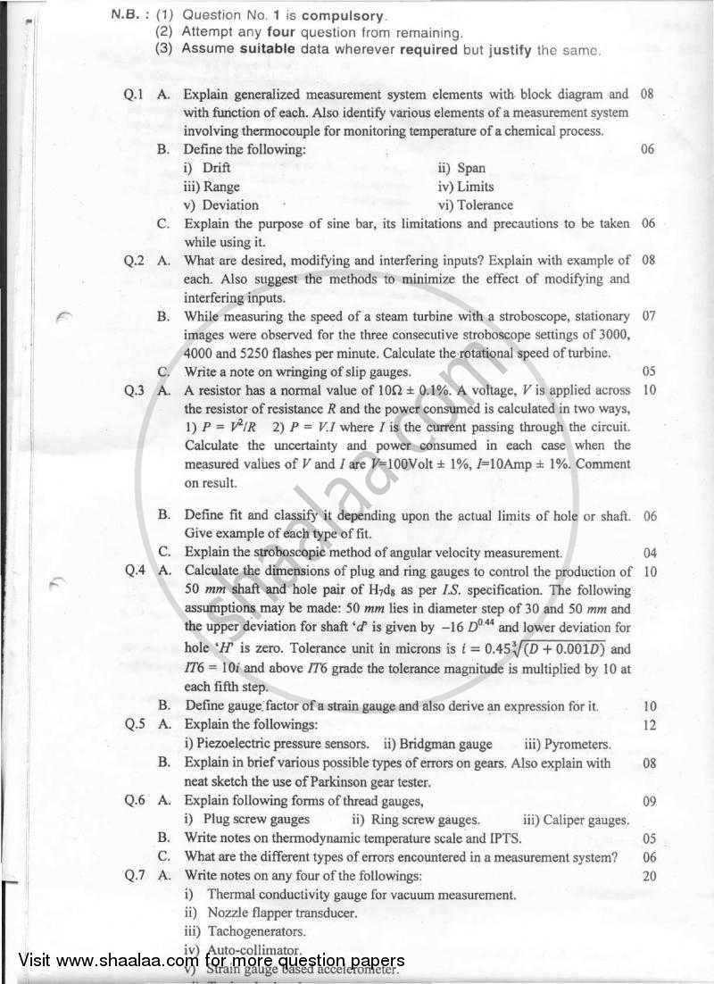 Mechanical Measurement and Metrology 2010-2011 - B.E. - Semester 5 (TE Third Year) - University of Mumbai question paper with PDF download