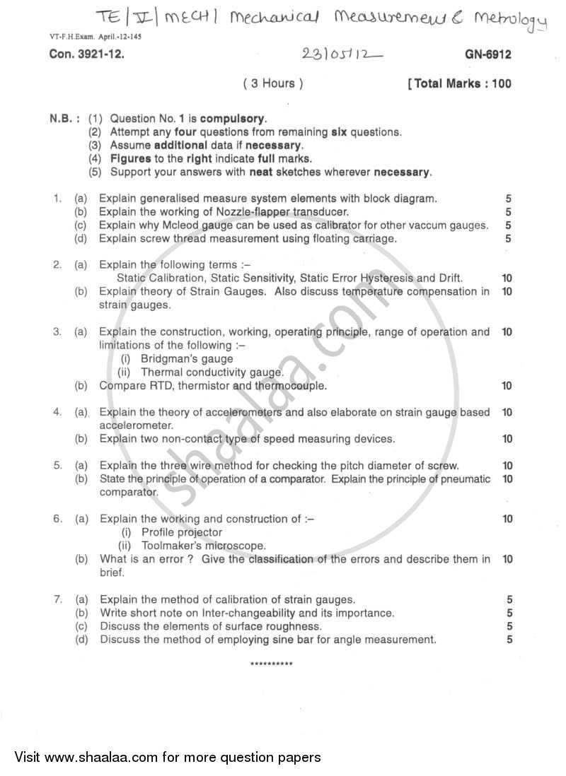 Mechanical Measurement and Metrology 2011-2012 - B.E. - Semester 5 (TE Third Year) - University of Mumbai question paper with PDF download