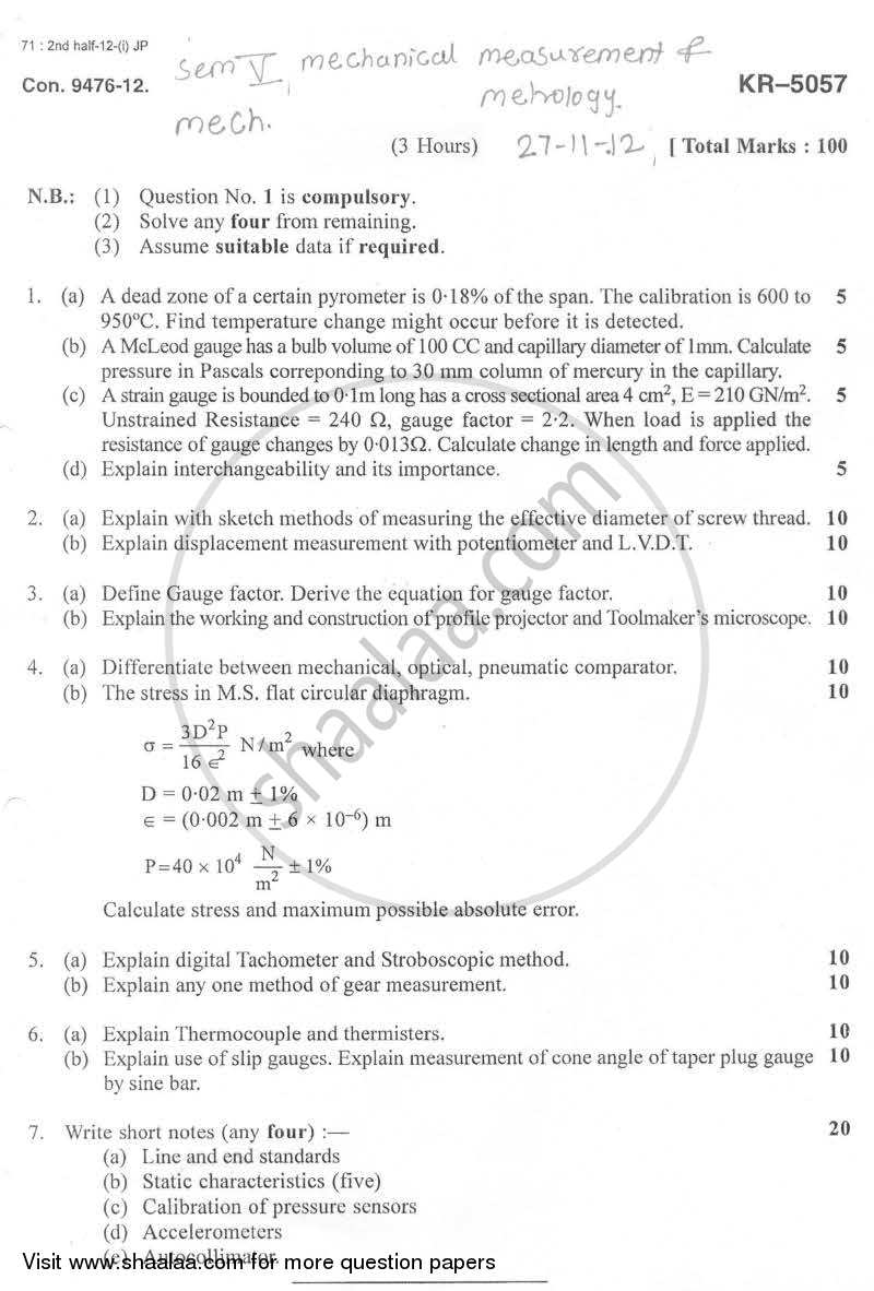 Mechanical Measurement and Metrology 2012-2013 - B.E. - Semester 5 (TE Third Year) - University of Mumbai question paper with PDF download