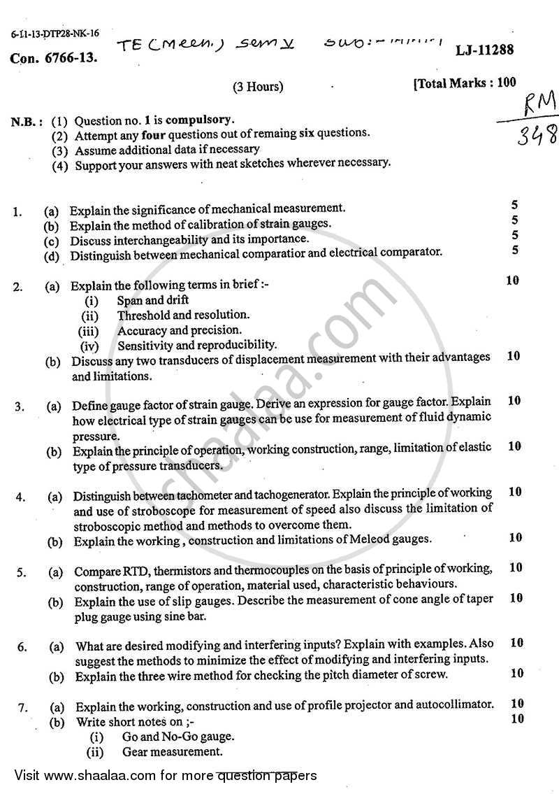 Mechanical Measurement and Metrology 2013-2014 - B.E. - Semester 5 (TE Third Year) - University of Mumbai question paper with PDF download