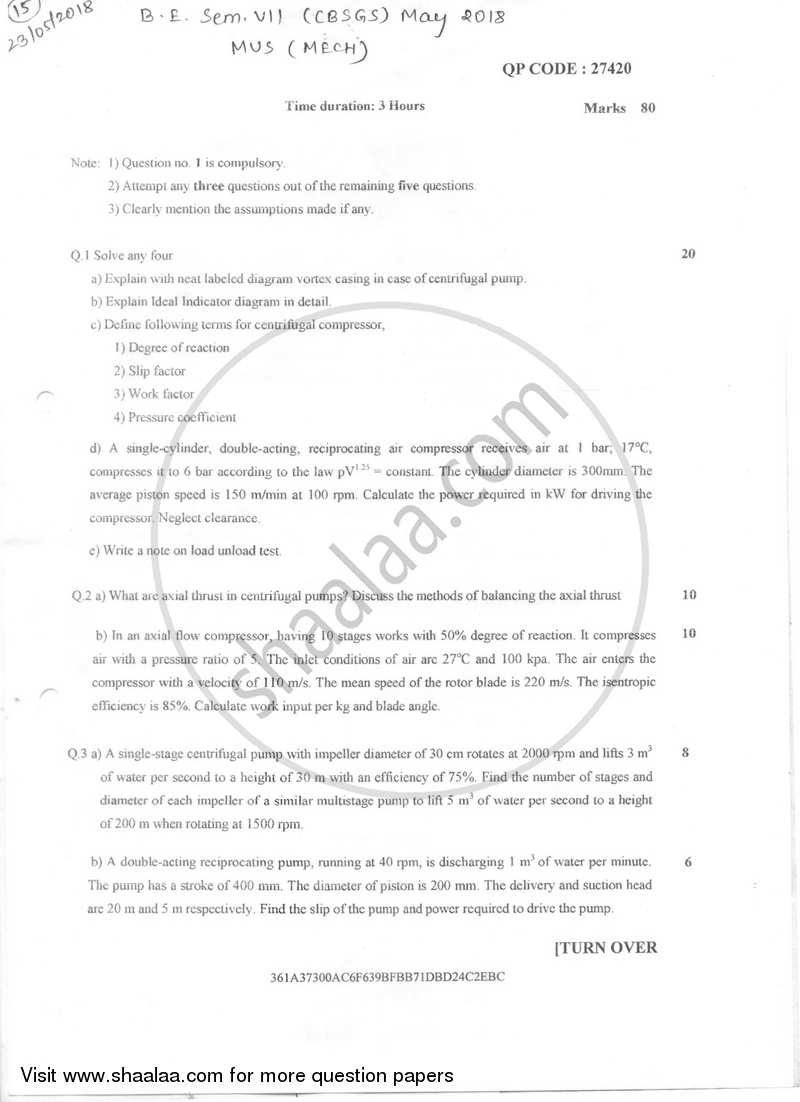 Mechanical Utility System 2017-2018 - B.E. - Semester 7 (BE Fourth Year) - University of Mumbai question paper with PDF download