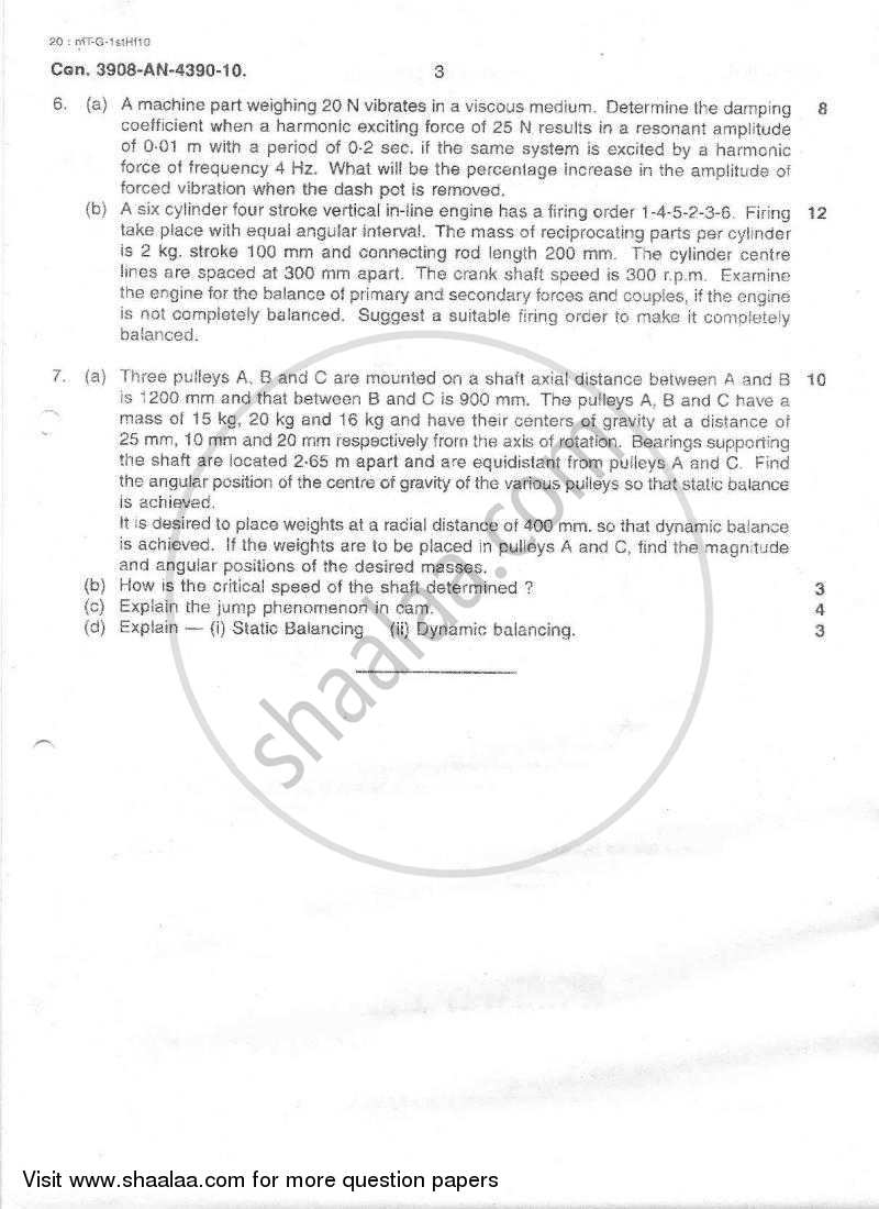 Mechanical Vibrations 2009-2010 - B.E. - Semester 6 (TE Third Year) - University of Mumbai question paper with PDF download